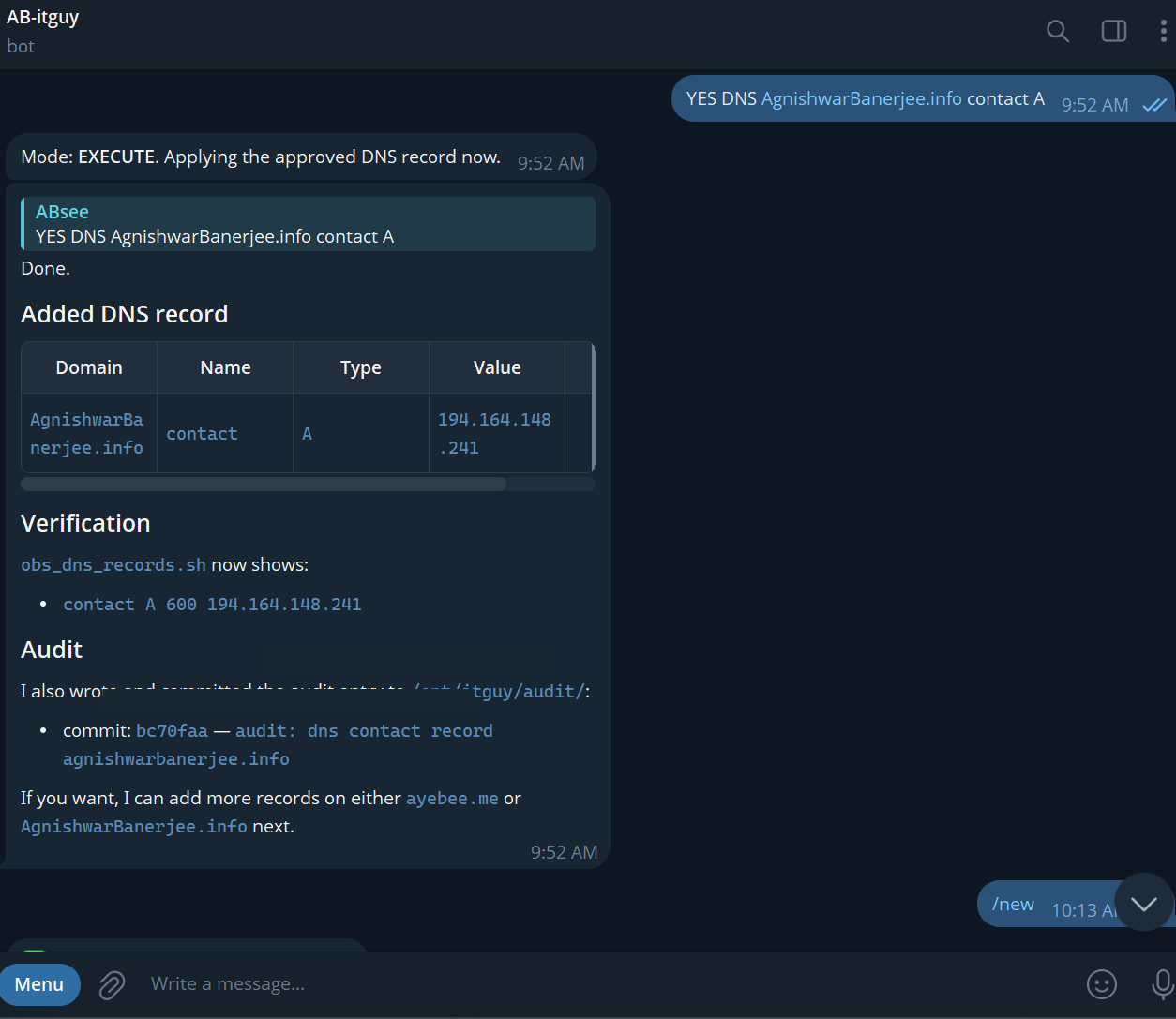 Telegram: execution and verification