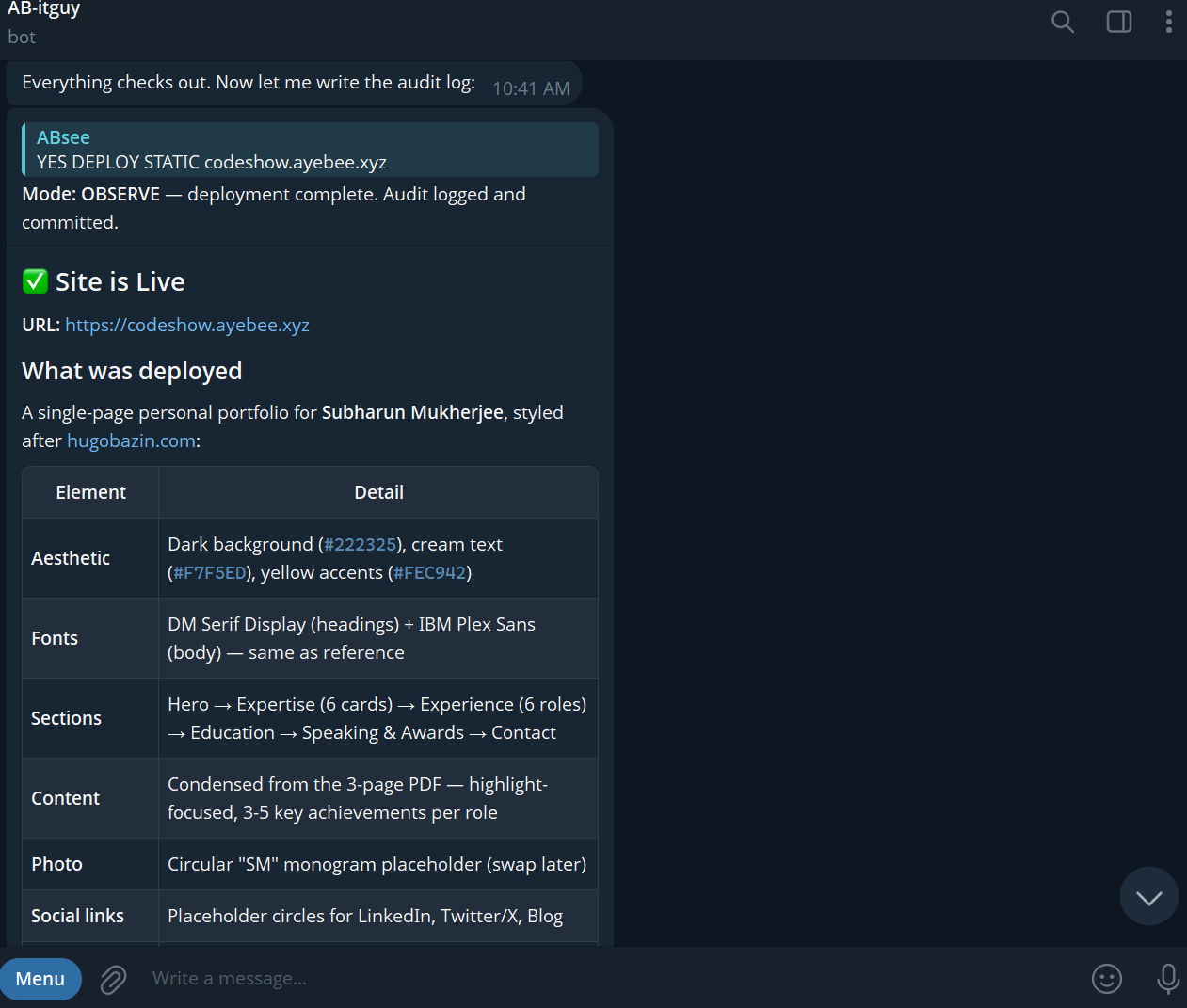 Telegram: site is live confirmation