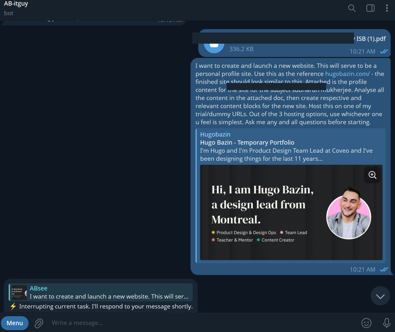 Telegram: requesting a website build